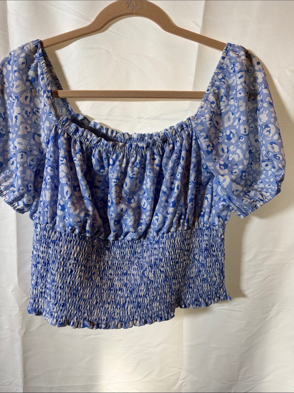 Sage Blue Floral Smocked Puff-Sleeve Crop Top matching skirt available